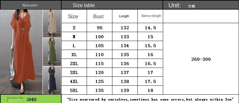 V-neck cotton linen loose casual solid colour pocket dress