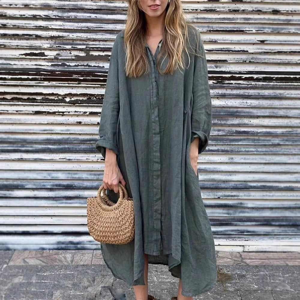 2025 Summer Loose Solid Color Cotton and Linen Fashion Long Sleeve Shirt Long Dress