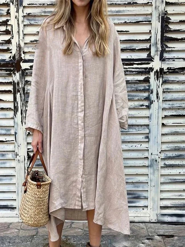2025 Summer Loose Solid Color Cotton and Linen Fashion Long Sleeve Shirt Long Dress