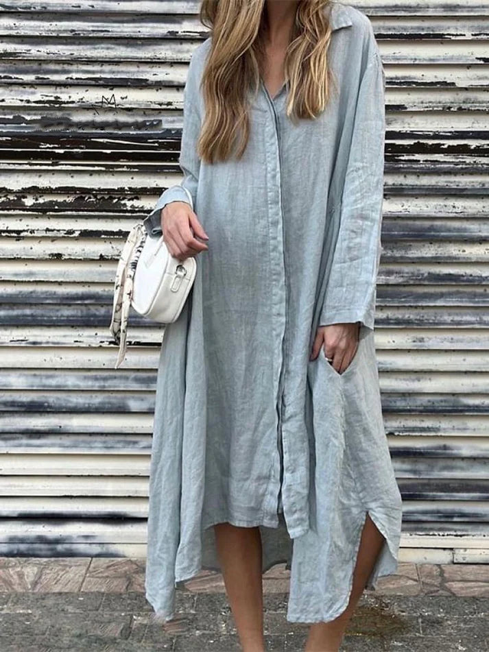 2025 Summer Loose Solid Color Cotton and Linen Fashion Long Sleeve Shirt Long Dress