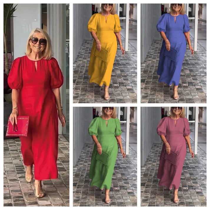 Women's Solid Color Loose Casual Crewneck Puff Sleeve Dress