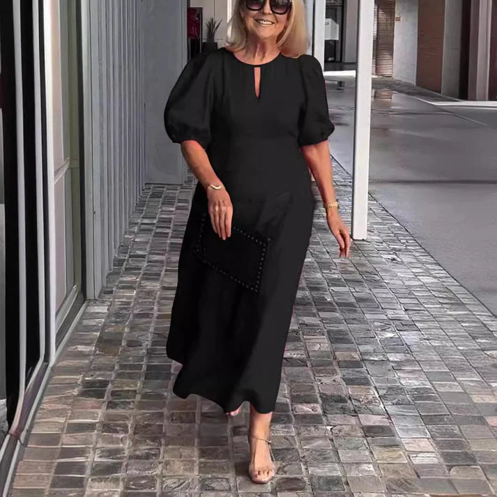 Women's Solid Color Loose Casual Crewneck Puff Sleeve Dress