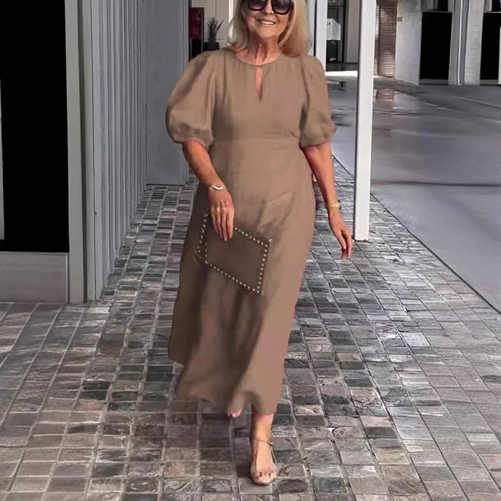 Women's Solid Color Loose Casual Crewneck Puff Sleeve Dress