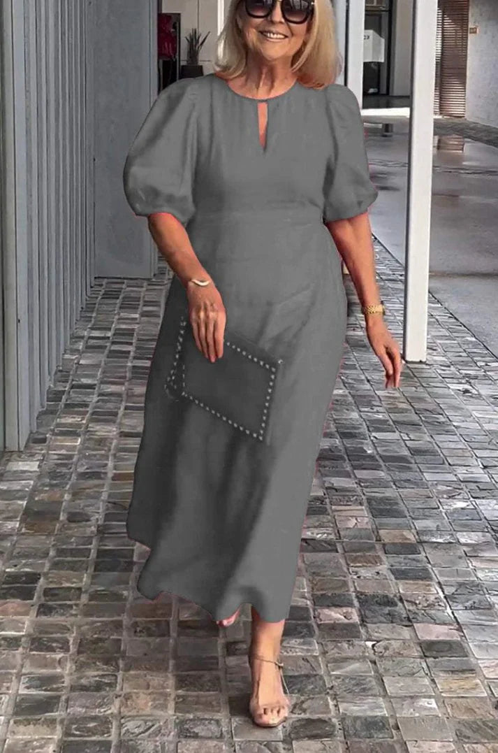 Women's Solid Color Loose Casual Crewneck Puff Sleeve Dress