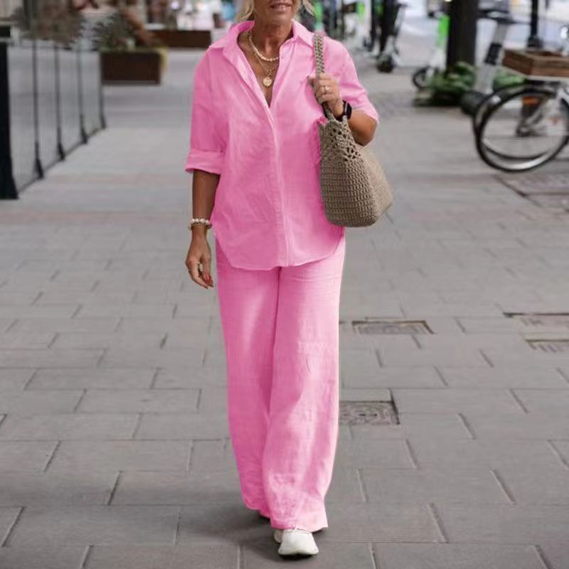 【2 pieces 25% off】Casual solid color lapel long-sleeved shirt wide-leg suit