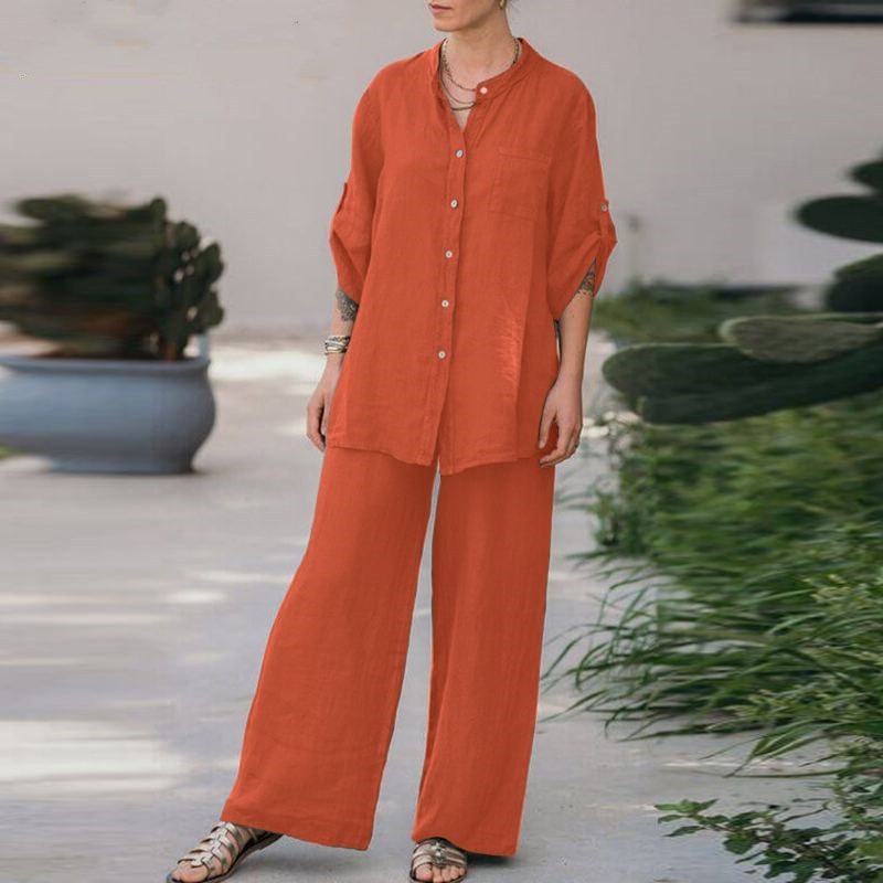 【2 pieces 75% off】Vintage cotton and linen shirt high waist loose trousers set