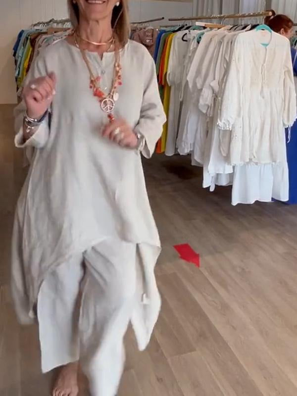 Solid color casual long-sleeved cotton and linen suit