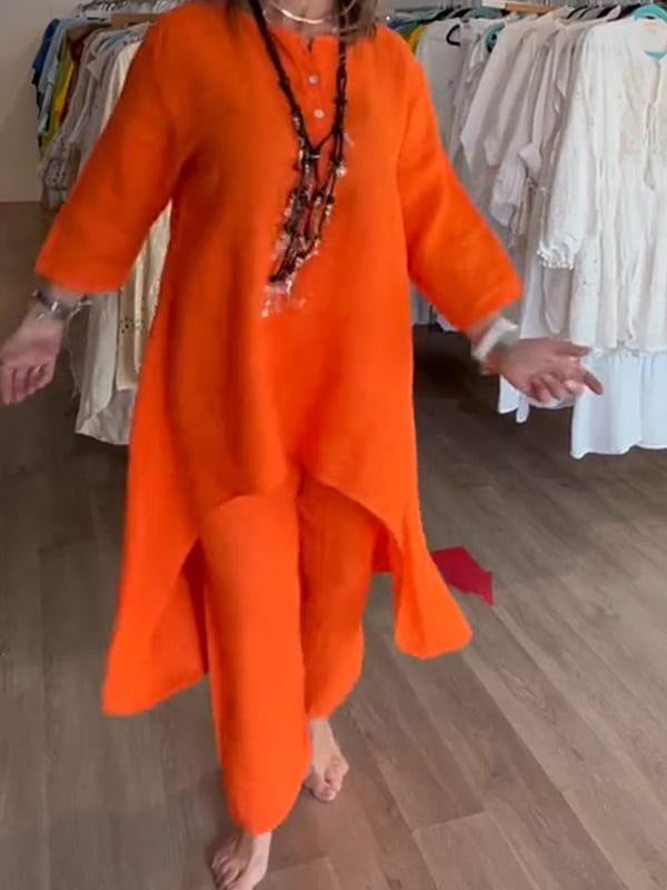 Solid color casual long-sleeved cotton and linen suit