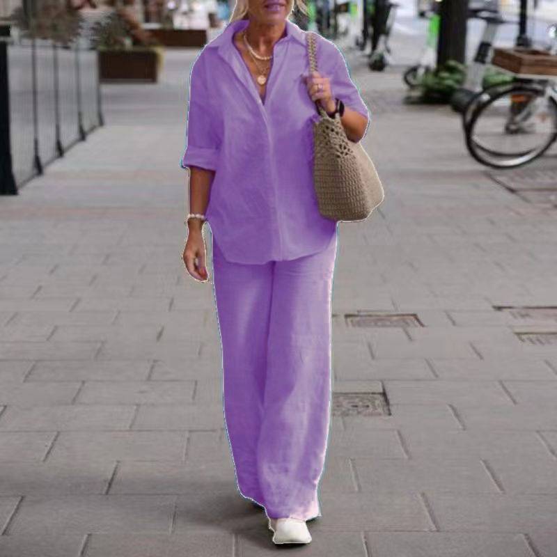 【2 pieces 25% off】Casual solid color lapel long-sleeved shirt wide-leg suit