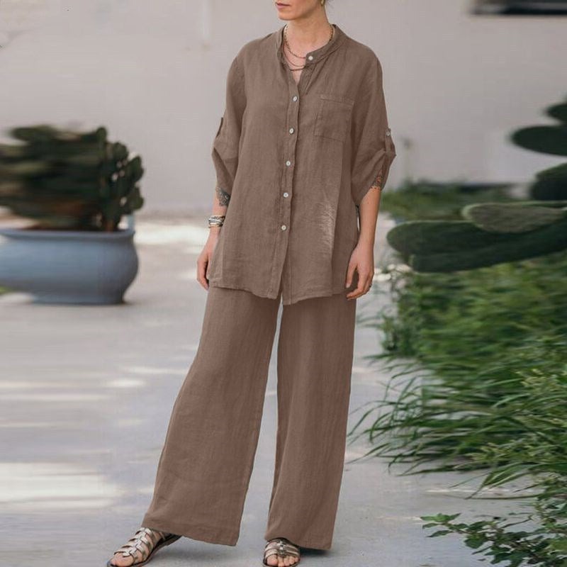 【2 pieces 75% off】Vintage cotton and linen shirt high waist loose trousers set