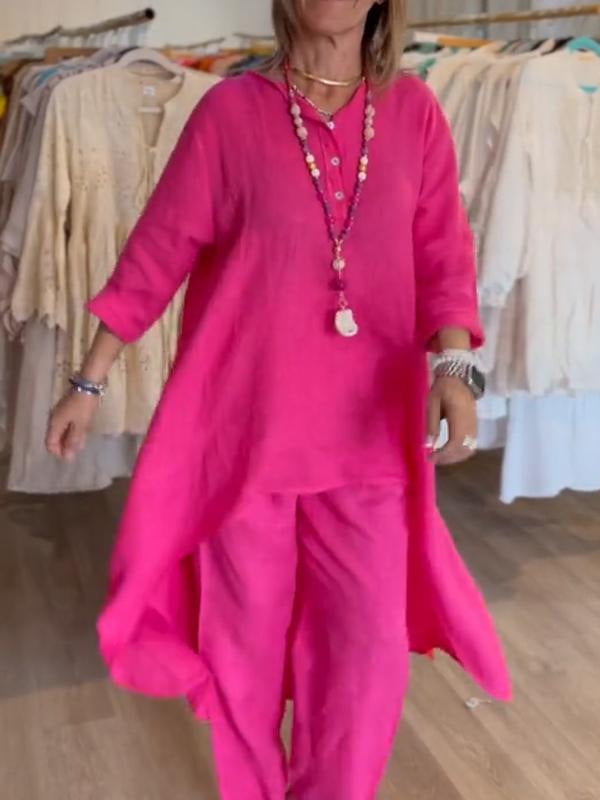 Solid color casual long-sleeved cotton and linen suit