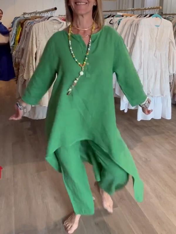 Solid color casual long-sleeved cotton and linen suit