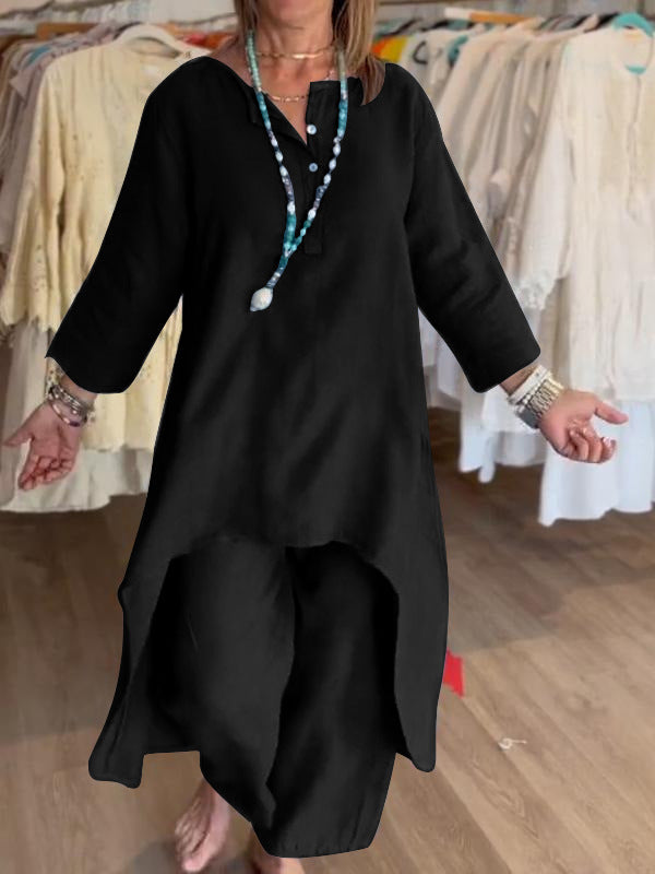 Solid color casual long-sleeved cotton and linen suit