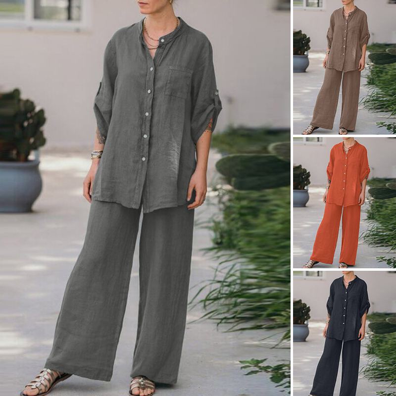 【2 pieces 75% off】Vintage cotton and linen shirt high waist loose trousers set