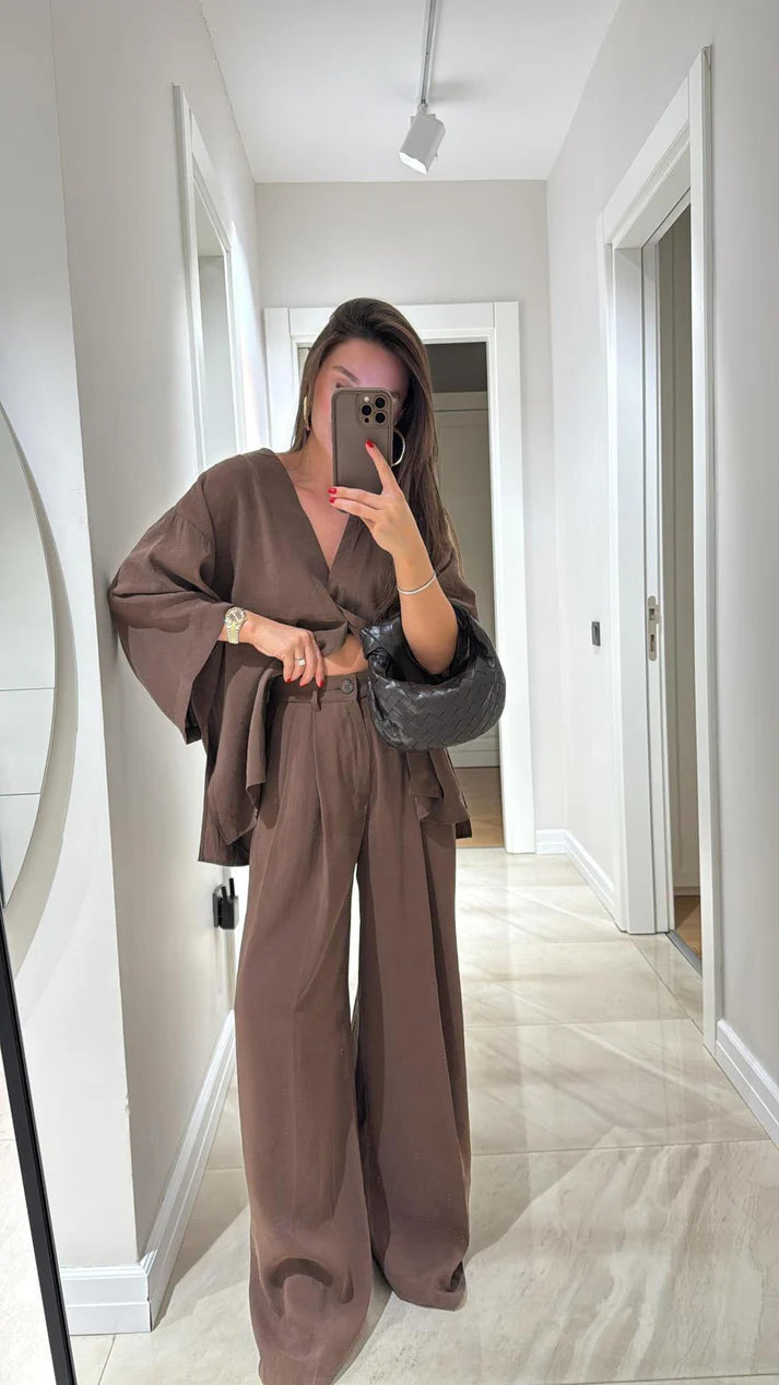 Casual suit V-neck one-button loose long-sleeved blouse high-waisted suit pants two-piece set