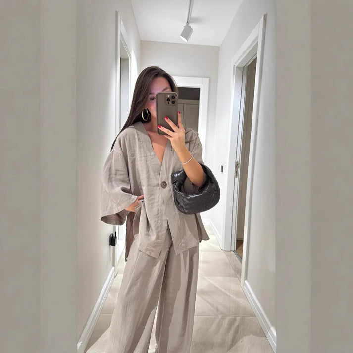 Casual suit V-neck one-button loose long-sleeved blouse high-waisted suit pants two-piece set